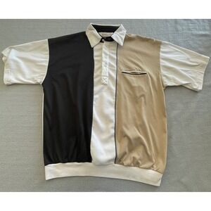 Tropical Palm Vintage Colorblock Polo Shirt Mens Large Black White Tan Retro